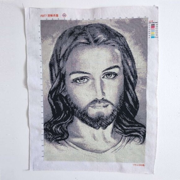 Hand Embroidered Jesus Christ Portrait Needlepoint Stitched Canvas Tapestry